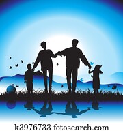 familia feliz, paseos, en, naturaleza, ocaso