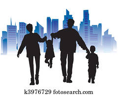 Happy family on a background of city, black silhouette