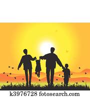 Happy family walks on nature, sunset Happy family walks on nature, sunset