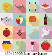 Rosh Hashanah jewish holiday icons set, flat style Rosh Hashanah jewish holiday icons set, flat style