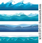 Seamless ocean, sea, water waves vector backgrounds set for ui game in cartoon design style Seamless ocean, sea, water waves vector backgrounds set for ui game in cartoon design style