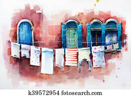 Venetian windows. Watercolor. Venetian windows. Watercolor.