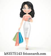 יפה, ברונט, אישה, עם, שקיות של קניות, ו, smartphone, לך, ב, a, רקע לבן