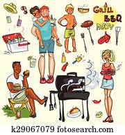 feliz, gente, teniendo, fiesta de parrillada