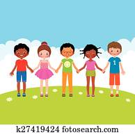 grupo, de, feliz, niños, niños, y, gi