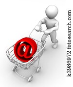 mann, mit, verbraucher, korb, und, zeichen, für, internet