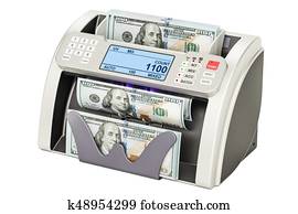 Money counting machine with dollars, 3D rendering