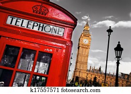 Red telephone booth and Big Ben in London, England, the UK