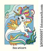söt, hav, enhörning, vektor, färgrik, illustration, skissera