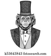 Chimpanzee, Monkey. Animal wearing jacket with bow-tie and silk hat, beaver hat, cylinder top hat. Elegant vintage animal. Image for tattoo, t-shirt, emblem, badge, logo, patch Chimpanzee, Monkey. Animal wearing jacket with bow-tie and silk hat, beaver hat, cylinder top hat. Elegant vintage animal. Image for tattoo, t-shirt, emblem, badge, logo, patch