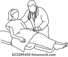Doctor pulling female patient to sit on the bed vector illustration outline sketch hand drawn with black lines isolated on white background