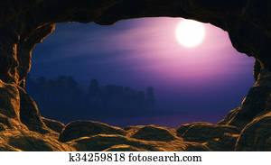 3D view from a cave looking out to a sunset sea with palm tree island 3D view from a cave looking out to a sunset sea with palm tree island