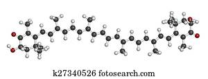 Astaxanthin pigment molecule. Carotenoid responsible for the pink-red color of salmon, lobsters and shrimps. Used as food dye (E161j) and antioxidant food supplement. Atoms are represented as spheres with conventional color coding: hydrogen (white), carbo Astaxanthin pigment molecule. Carotenoid responsible for the pink-red color of salmon, lobsters and shrimps. Used as food dye (E161j) and antioxidant food supplement. Atoms are represented as spheres with conventional color coding: hydrogen (white), carbo