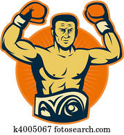 Champion boxer with championship belt raising gloves Champion boxer with championship belt raising gloves