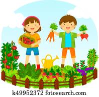 crianças, em, um, jardim vegetal