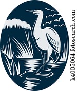Heron wading in the marsh or swamp done in retro woodcut style. Heron wading in the marsh or swamp done in retro woodcut style.