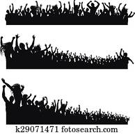 høy, kvalitet, cheering, folkemengde, silhouettes