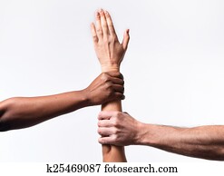 schwarz, afrikanischer amerikaner, und, kaukasisches, hände, halten, weiß, haut, arm, in, welt, einheit