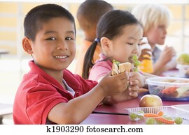 jardim infância, filhos comendo, almoço