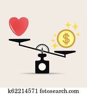 Money weights over the heart. Scales between love and money. The concept of greed, gain, money is more important than love. Vector illustration isolated on light background.