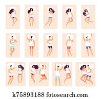 Sleeping poses. Single couple sleep. Men women sleeping in bed with pillows. Different adults sleep position vector illustration