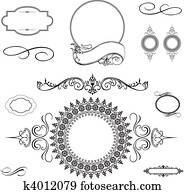 vector, remolino, ornamento, y, marco, conjunto