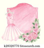 Watercolor pink dress, roses decor, badge. Vintage card Watercolor pink dress, roses decor, badge. Vintage card