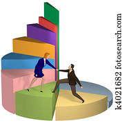 Business woman helping hand businessman up pie chart Business woman helping hand businessman up pie chart