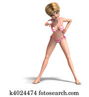 cute and funny cartoon girl wearing a two piece bikini. 3D rendering with clipping path and shadow over white cute and funny cartoon girl wearing a two piece bikini. 3D rendering with clipping path and shadow over white