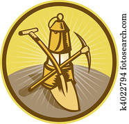 Mining or miner's lamp with shovel and pick axe Mining or miner's lamp with shovel and pick axe