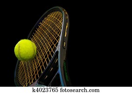 Tennis racket and ball on black background Tennis racket and ball on black background