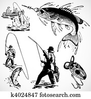 vetorial, vindima, pesca, gráficos