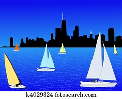 yachts with Chicago skyline yachts with Chicago skyline