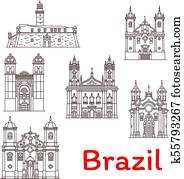 Brazil landmarks vector architecture line icons Brazil landmarks vector architecture line icons