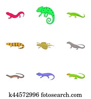 Iguana and lizard icons set, cartoon style Iguana and lizard icons set, cartoon style