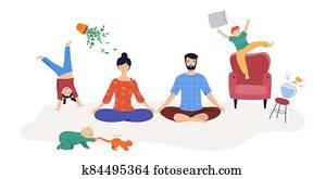 עייף, parents,, אמא ואבא, של, שני, ילדים, לנסות, ל, relax,, ל, meditate., ילדים, play,, קפוץ, ו, רוץ, מסביב, אותם