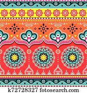 פקיסטני, או, הודי, משאית, אומנות, design,, פעמון, משאיות, seamless, וקטור, pattern,, צבעוני, פרחוני, חוזר, קישוט