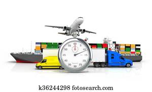 3d, render, de, différent, transport, sur, les, fond, de, les, chronomètre, concept, de, jeûne, divers, livraisons
