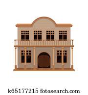 alt, wilder westen, salon, mit, holz, schwingende türen, und, porch., Two-storey, h?lzern, westliche, haus, mit, balcony., flache, vektor, symbol alt, wilder westen, salon, mit, holz, schwingende türen, und, porch., Two-storey, h?lzern, westliche, haus, mit, balcony., flache, vektor, symbol