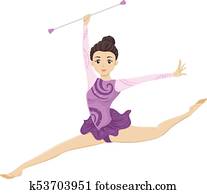 menina adolescente, batuta, twirling, exibição