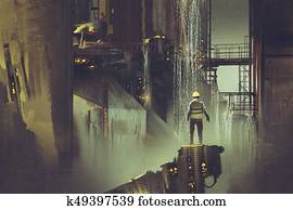 engineer standing on a platform looking at futuristic dam engineer standing on a platform looking at futuristic dam