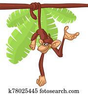 Funny cartoon chimpanzee monkey hanging down the tree