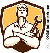 Mechanic Arms Crossed Wrench Shield Retro Mechanic Arms Crossed Wrench Shield Retro