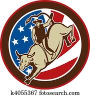 Rodeo cowboy bull riding with stars and stripes in the background Rodeo cowboy bull riding with stars and stripes in the background