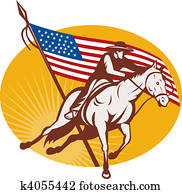 Rodeo cowboy horse riding with american stars and stripes flag in the background Rodeo cowboy horse riding with american stars and stripes flag in the background