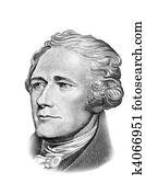 Alexander Hamilton portrait on ten US dollars banknote. Isolated on white. Black and white picture.
