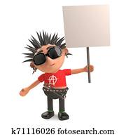 Angry punk rocker protests with his blank placard, 3d illustration Angry punk rocker protests with his blank placard, 3d illustration