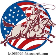 cowboy riding horse with lasso and american flag cowboy riding horse with lasso and american flag