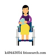 Disabled woman in wheelchair reading a book colorful vector Illustration