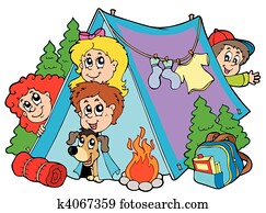 grupo, de, acampamento, crianças